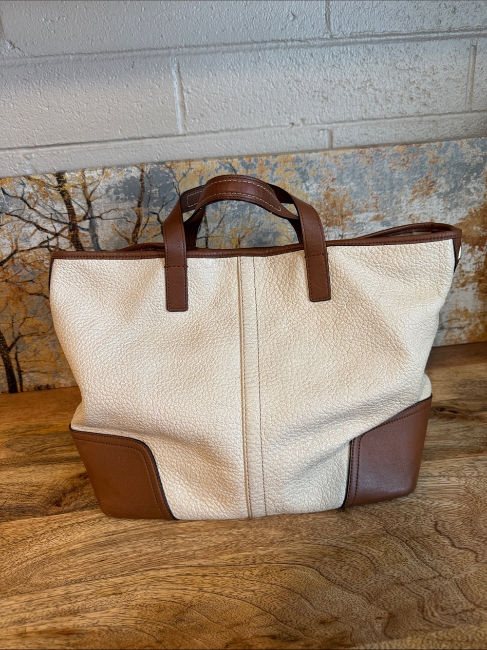 Cream and Brown Coach Pebble Leather Tote Bag - Classic Women's Handbag - Picture 2 of 15